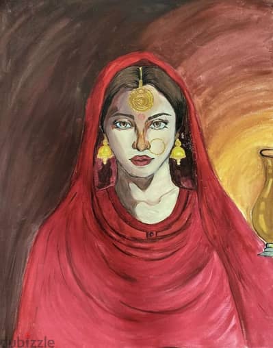 Painting Indian/bengali woman in red outfit with jewellery 50cm×60cm