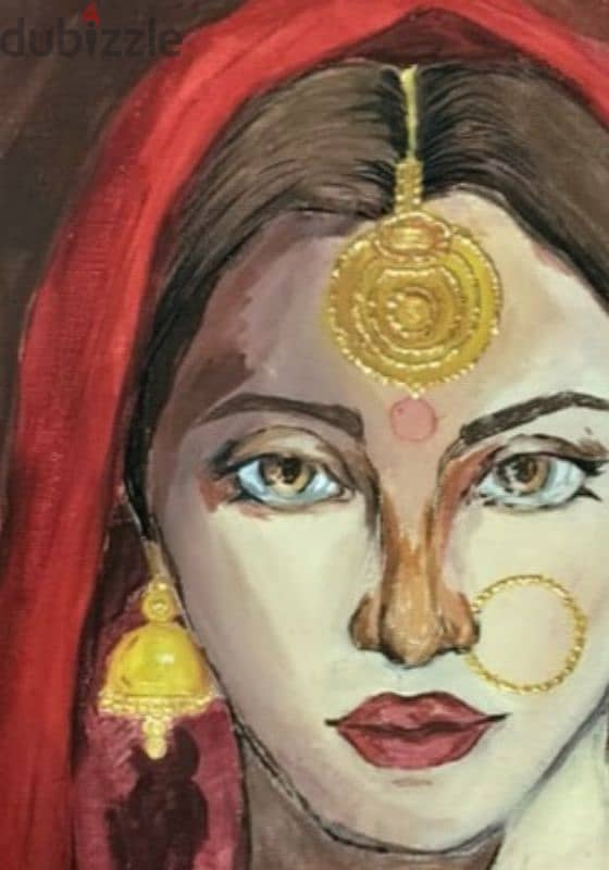 Painting Indian/bengali woman in red outfit with jewellery 50cm×60cm 1