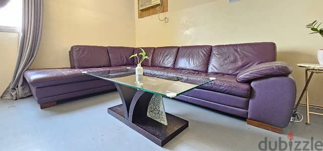 L-Shaped Leather Sofa + 2 Seater Sofa + Glass Top Tea Table