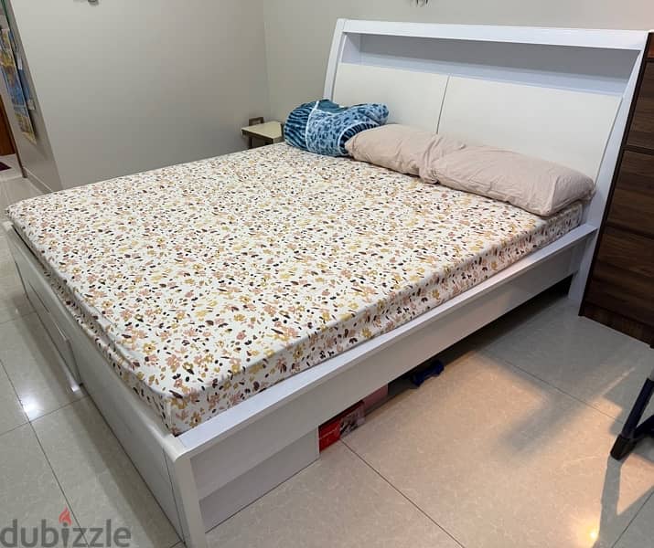 White double bed with storage and mattress 1