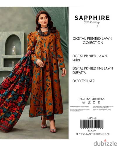 3 piece lawn suits Pakistani brand sapphire new design