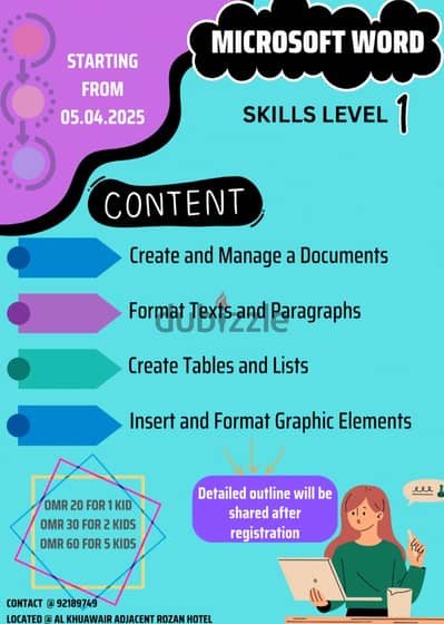 MS Word Skills Level 1 course for kids