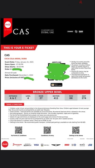 CAS tickets Cocacola arena Dubai