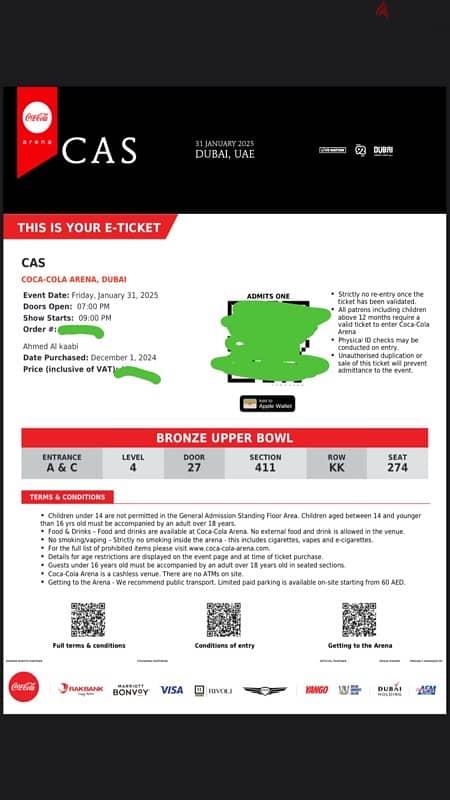 CAS tickets Cocacola arena Dubai 0