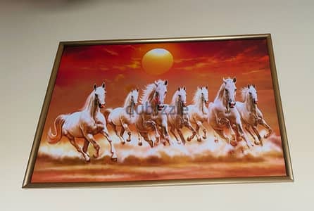 7 White Horse Painting with glass frame