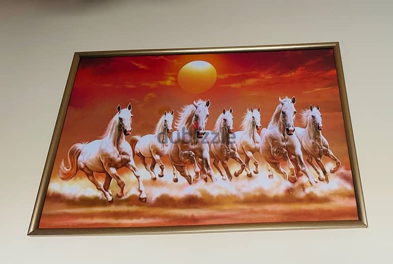 7 White Horse Painting with glass frame 0