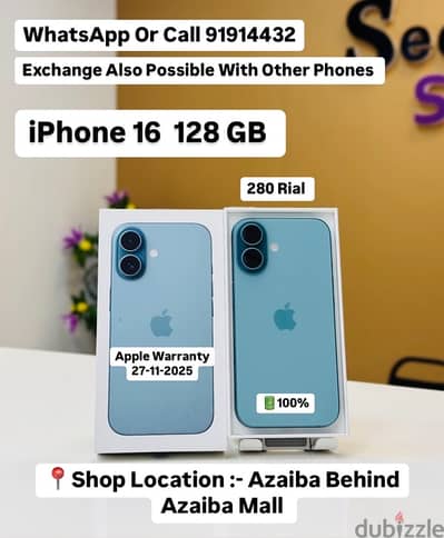 iPhone 16 128 GB Apple Warranty 27-11-2025 with 100% battery helth