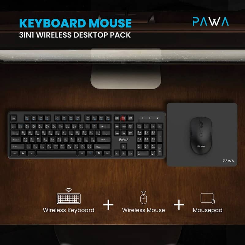 Pawa Wireless Keyboard & Mouse 3-in-1 Desktop Pack Black 2