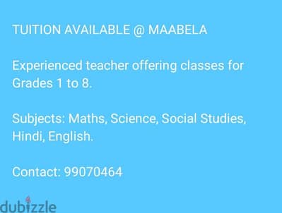 Tuition available at mabella. contact:99070464