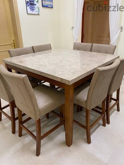 Marble dining table with 8 leather chairs