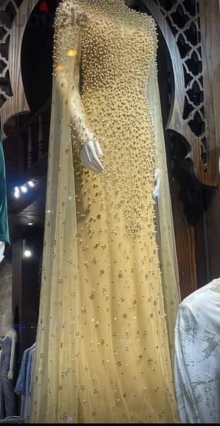 Golden Pearl-Embellished Fustan Perfect for Wedding & Spcial Occasions