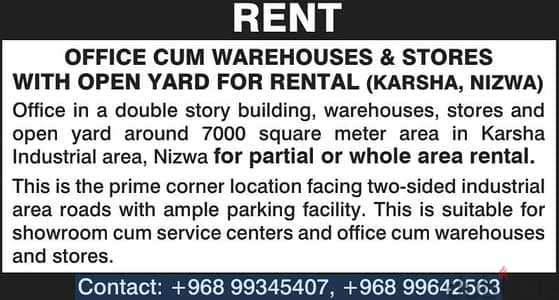 OFFICE CUM WAREHOUSES & STORES WITH OPEN YARD FOR RENTAL (KARSHA, NIZW