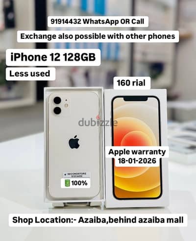 Iphone 12 128gb 100%bh Apple warranty still ( 18-1-2026)good condition