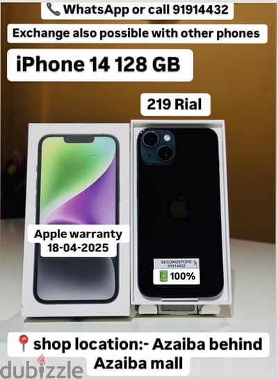 iPhone14 128gb 100%bh Applewarranty still(18-4-2025)good condition