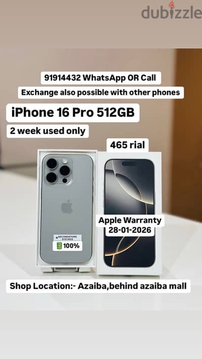 iphone 16pro 512gb 100%bh apple warranty still(28-1-2026)