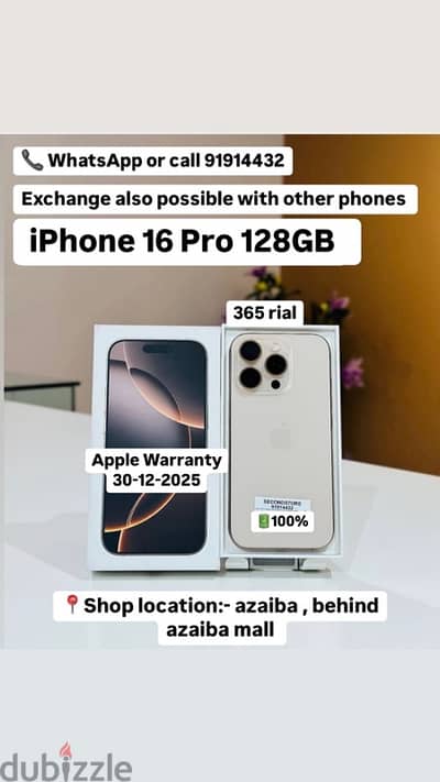 Iphone 16pro 128gb 100%bh Apple warranty(30-12-2025) good condition