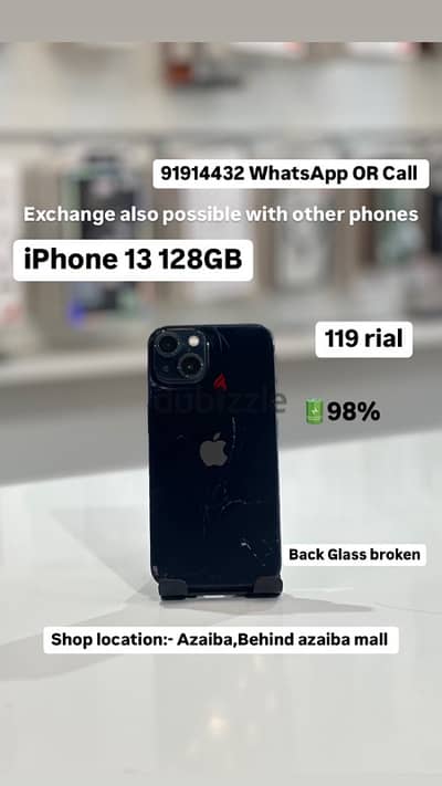 iphone 13 128gb 98%bh back glass broken