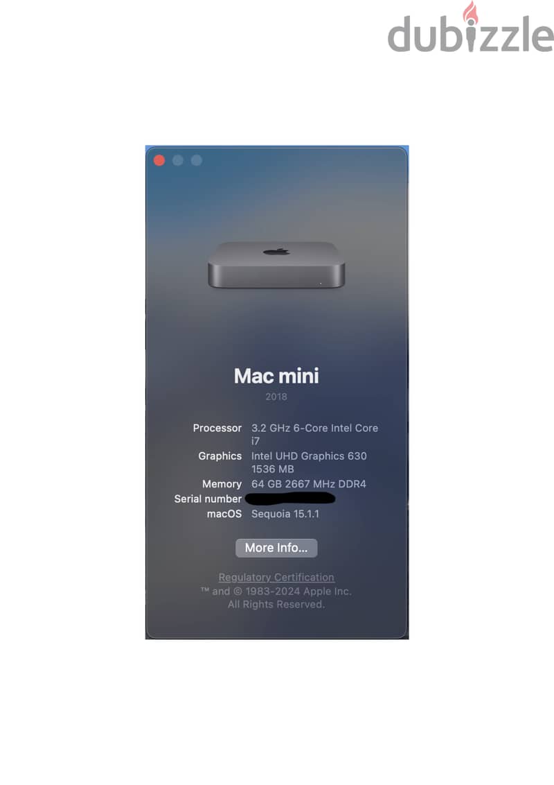 Mac Mini Intel i7 6-Core 3.2 GHz, 256 GB HardDrive, 64 GB RAM 5