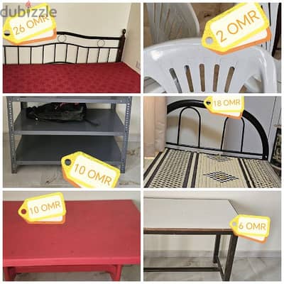 KING-SIZE BED COT/ SINGLE BED COT/ WHITE WOODEN TABLE/  PLASTIC TABLE