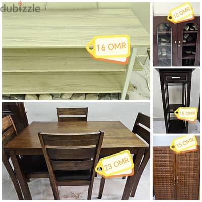 WOODEN CUPBOARD/WOODEN STAND/ DINING TABLE W CHAIRS/BEIGE WOODEN STAND