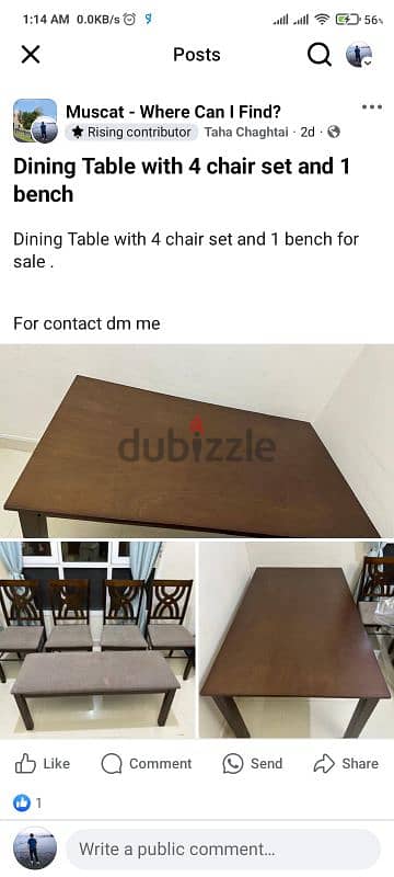 Table with 4 chairs and bench 0