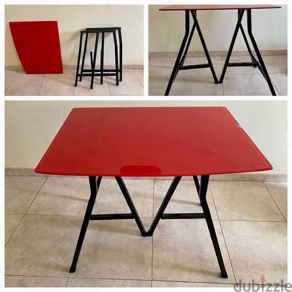 Red glass with metals folded stand table for sale 0