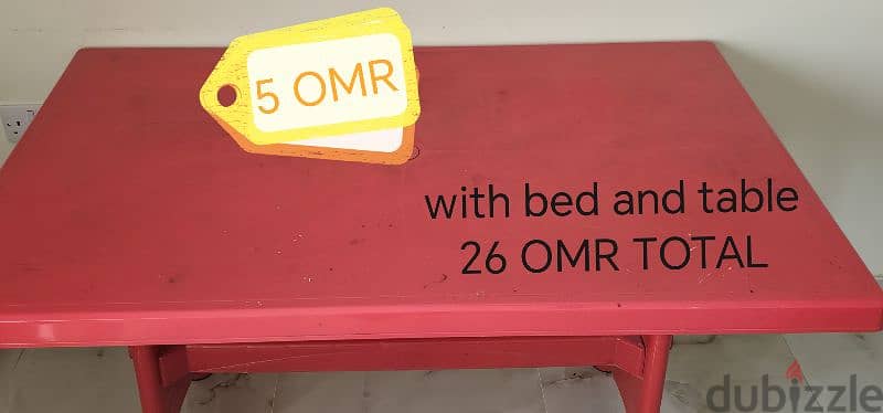 king size iron bed, Large red table, 3 plastic chair, Wooden table 3