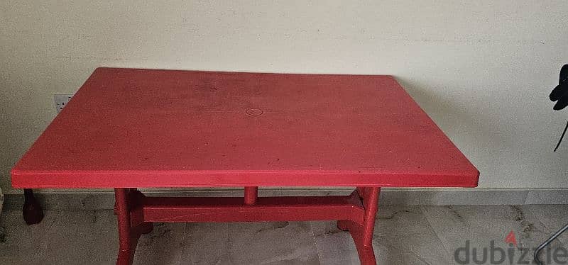 king size iron bed, Large red table, 3 plastic chair, Wooden table 4