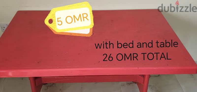 king size iron bed, Large red table, 3 plastic chair, Wooden table 2