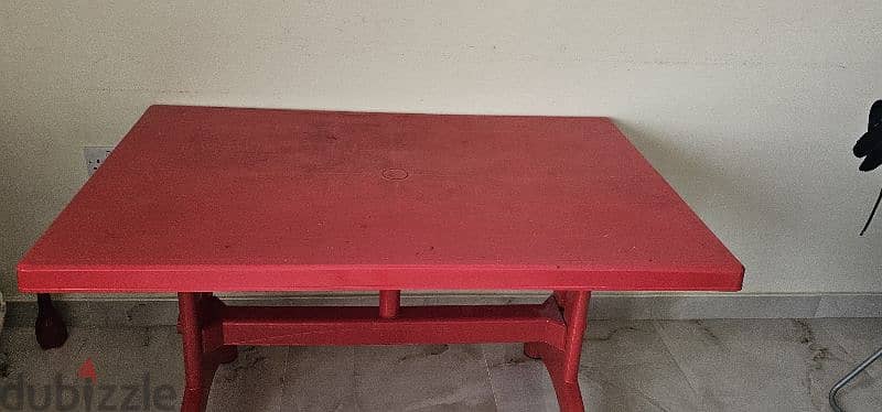 king size iron bed, Large red table, 3 plastic chair, Wooden table 3