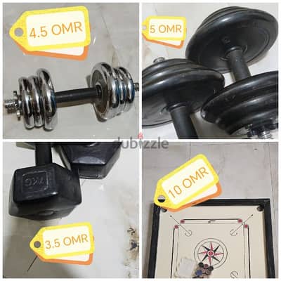 11 kg pair dumbells, 10 kg iron dumbell, 7 kg pair dumbells, Carroms