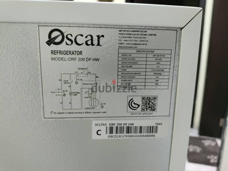 Oscar Refrigerator, Model ORF 200 DF HW 9