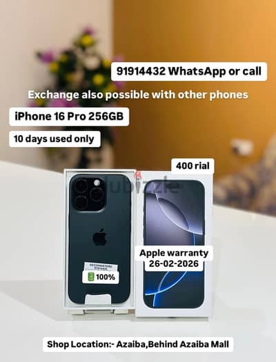 iPhone 16pro 256GB 10days used good condition applewarranty 26/02/2026