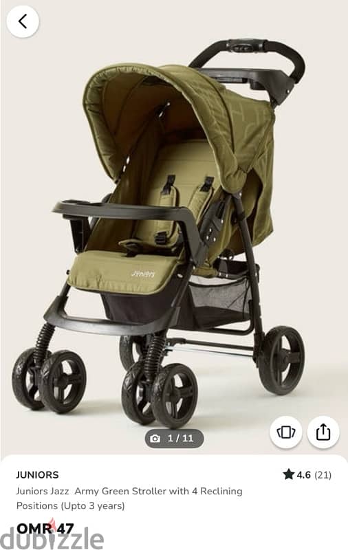 JUNIORS Jazz Army Green Stroller with 4 Reclining Positions 1