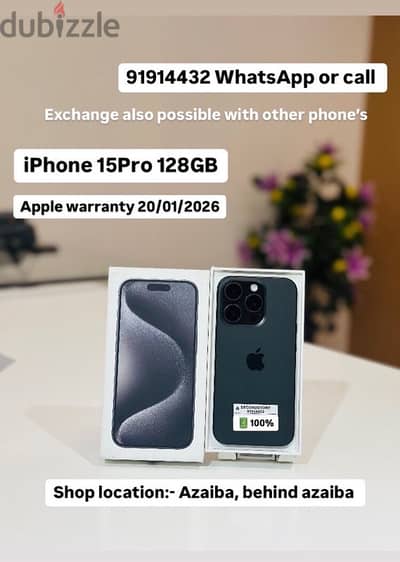 iPhone 15Pro 128GB Apple warranty 20/01/2026 battery 100%