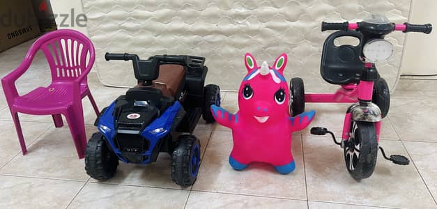 Kids car, bicycle, unicor and chair - All at 12 OMR