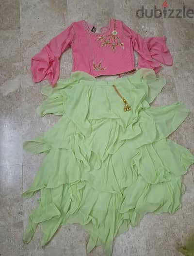 pink and green skirt blouse