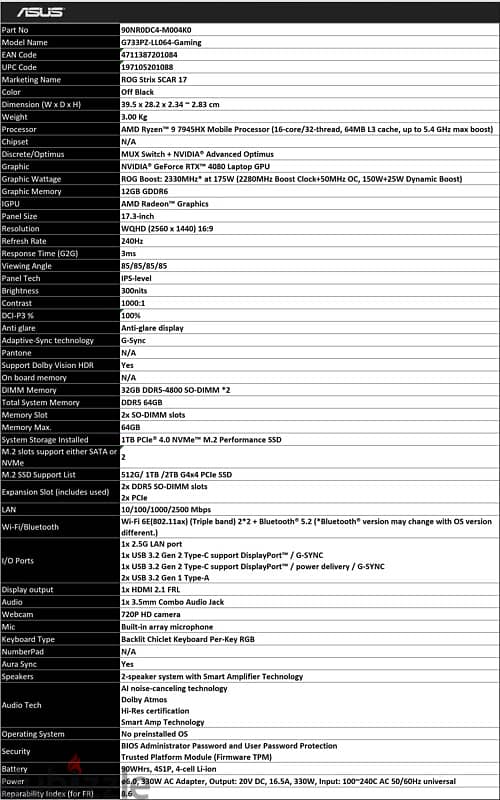 Asus ROG Strix Scar 17 - 64GB RAM - 12GB GRAPHICS CARD - 240HZ SCREEN 4