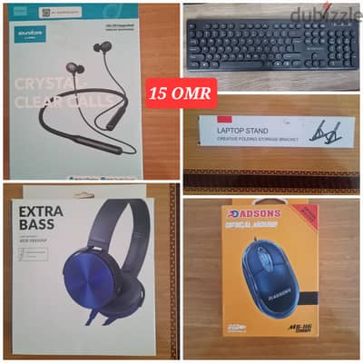 Bluetooth earphones, Zebronics keyboard , headphone,mouse,laptop stand