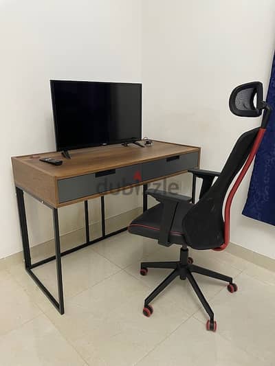 Chair, table and monitor