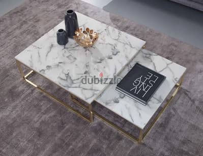 WOHNLING Design Coffee Table Set of 2 White Marble Look Square Couc