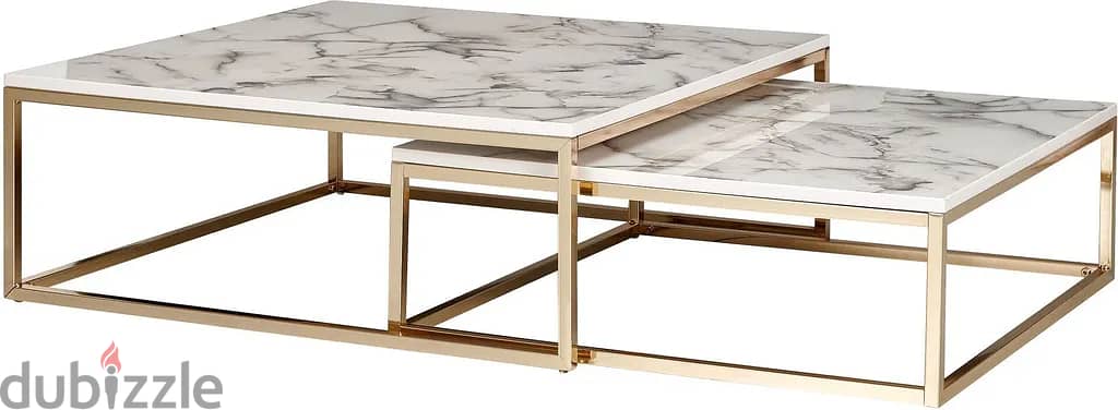 WOHNLING Design Coffee Table Set of 2 White Marble Look Square Couc 2