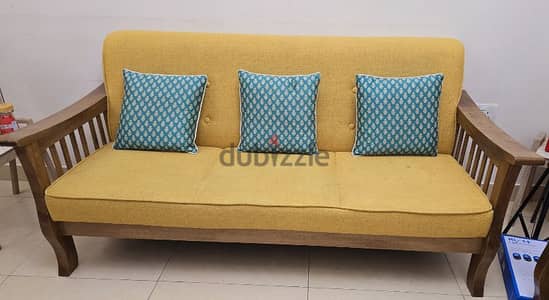 Sofa 3 + 1 + 1 ( 5 seater) teak wood curved frame with classic fabric.