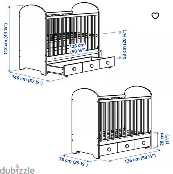 IKEA GONATT Baby Crib with drawer + Mattress, white, 2
