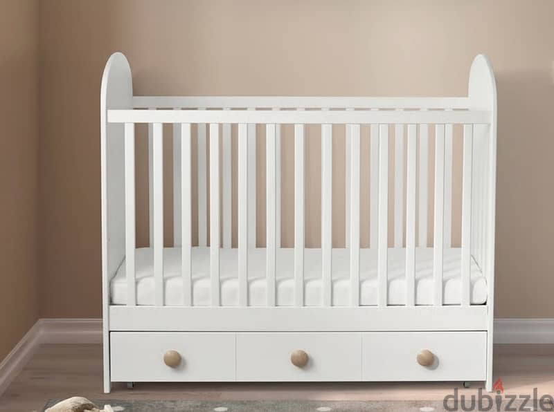 IKEA GONATT Baby Crib with drawer + Mattress, white, 4