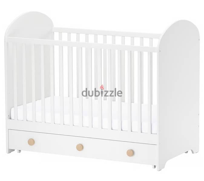 IKEA GONATT Baby Crib with drawer + Mattress, white, 5
