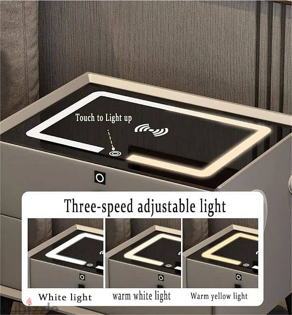 خزانه سرير بصمه اصبع واسبيكر بلوتوث Nightstand with Charging Led 5