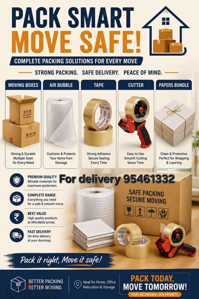 We deliver Packaging Material Courugated Boxes Stretch film Air Bubble Foam Papers Cutter etc