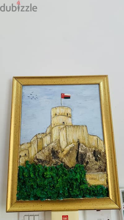 3D Textured Painting of Nakhal Fort Oman with Golden Frame - Brand New