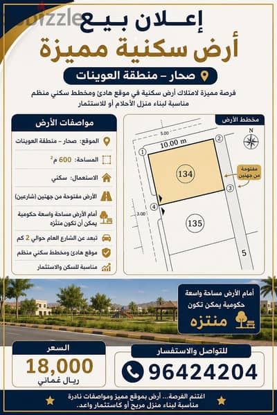 إعلان بيع أرض سكنية مميزة – صحار | منطقة العوينات